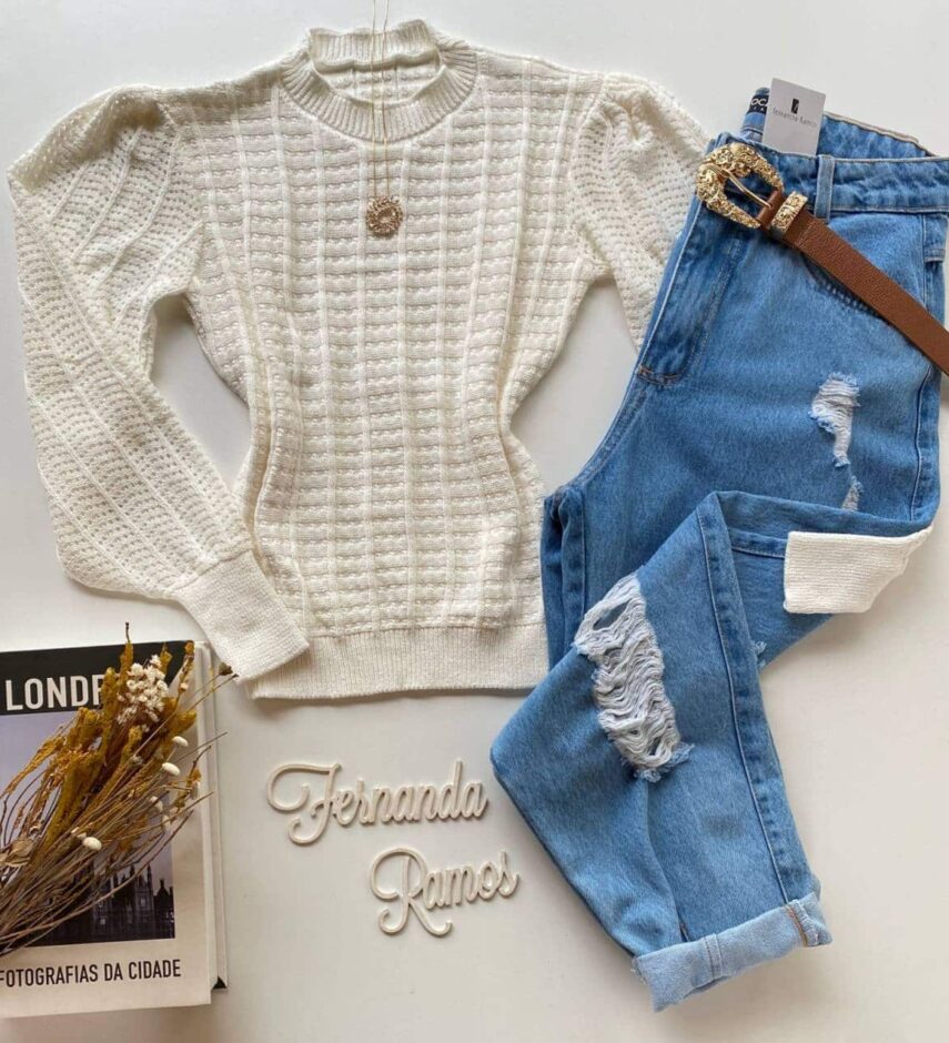 Blusa Manga Longa Feminina Tricot Detalhe Manga Off White Fernanda Ramos Store
