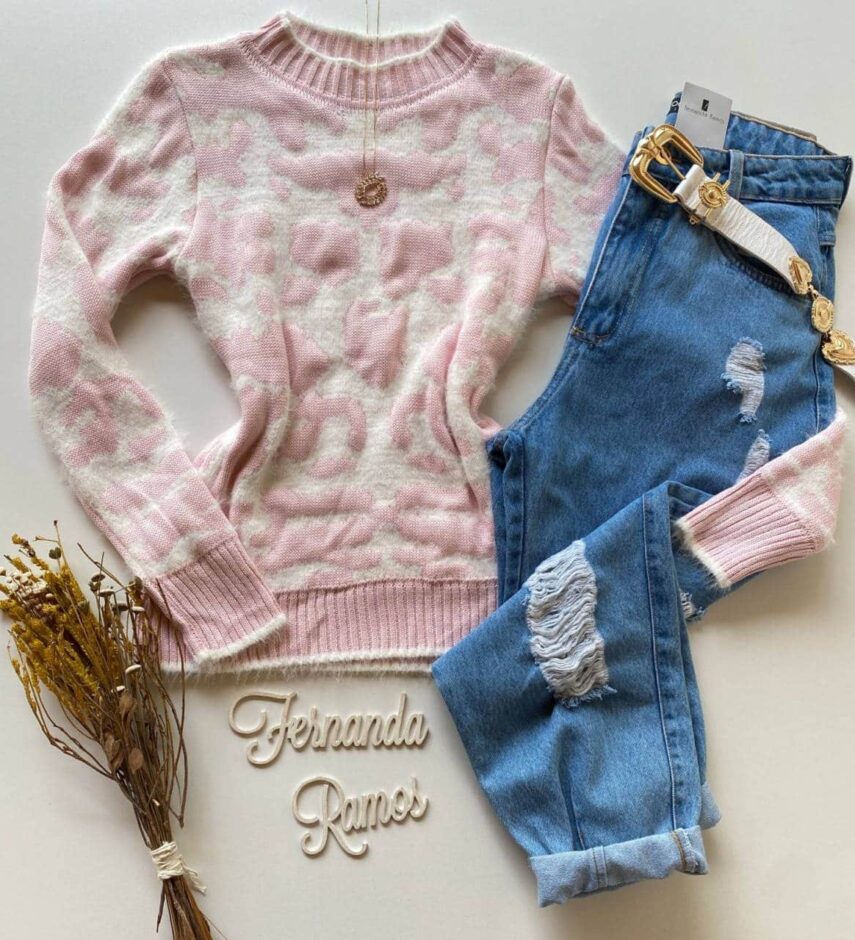 Blusa Manga Longa Feminina Tricot Bela Estampa Rosa - Fernanda Ramos Store