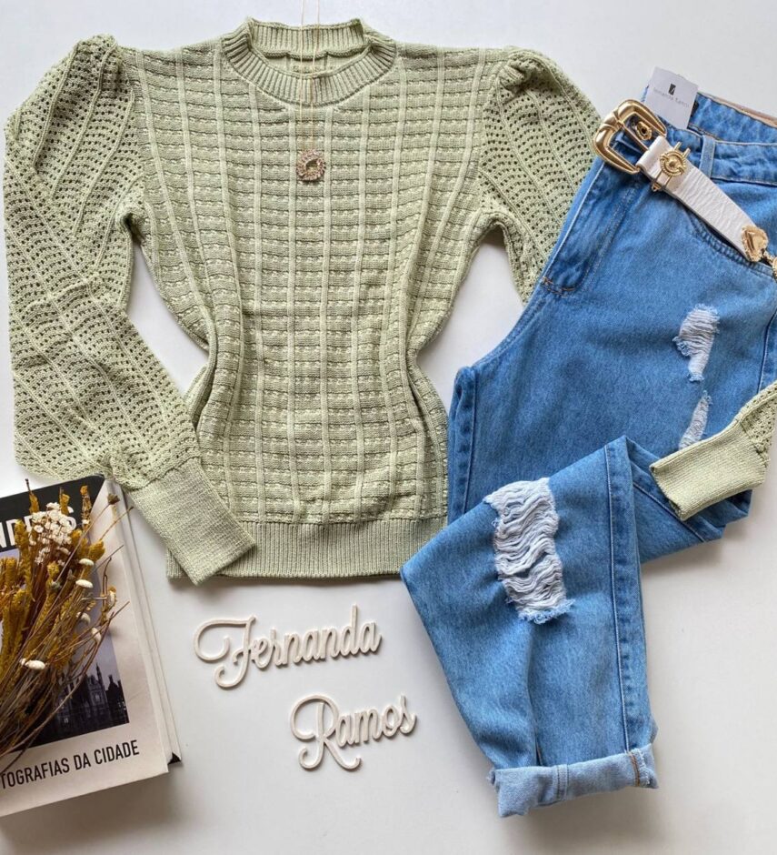 Blusa Manga Longa Feminina Tricot Detalhe Manga Verde Fernanda Ramos Store