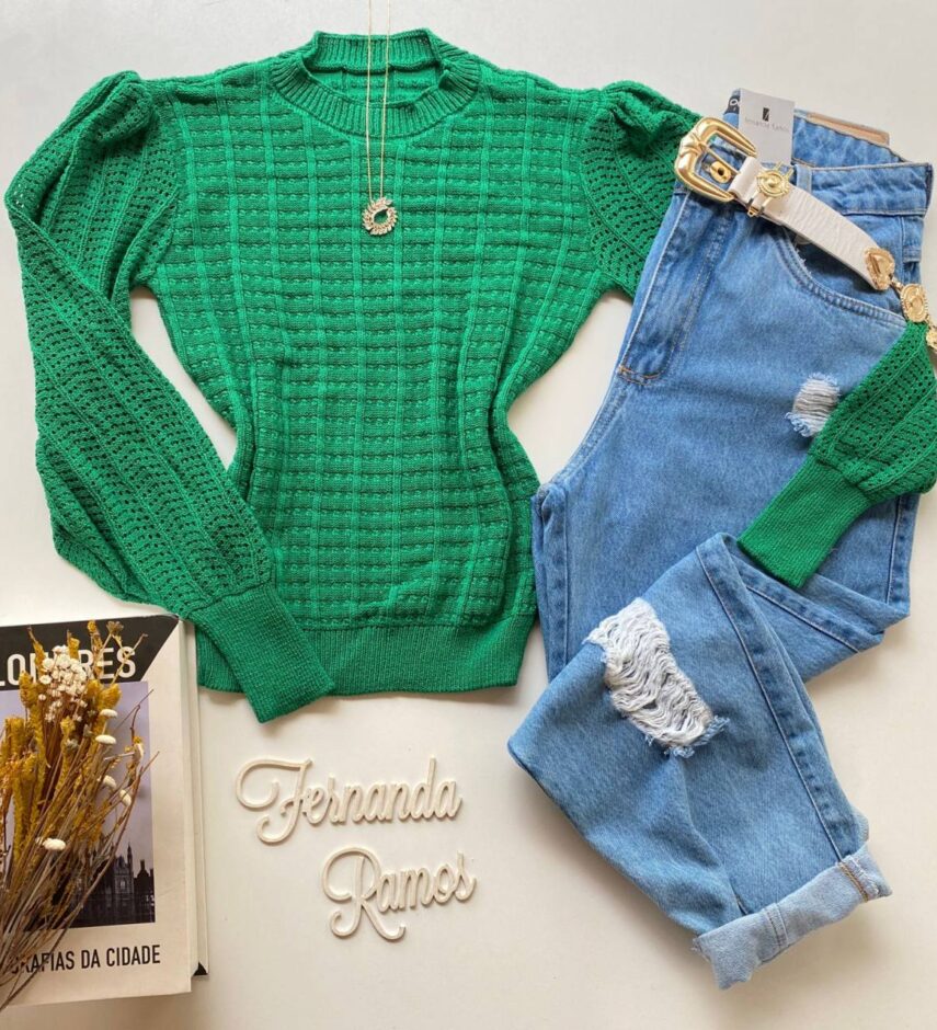 Blusa Manga Longa Feminina Tricot Detalhe Manga Verde Bandeira Fernanda Ramos Store