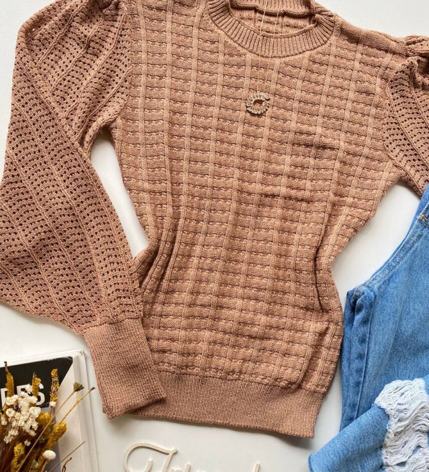 Blusa Manga Longa Feminina Tricot Detalhe Manga Bege - Fernanda Ramos Store