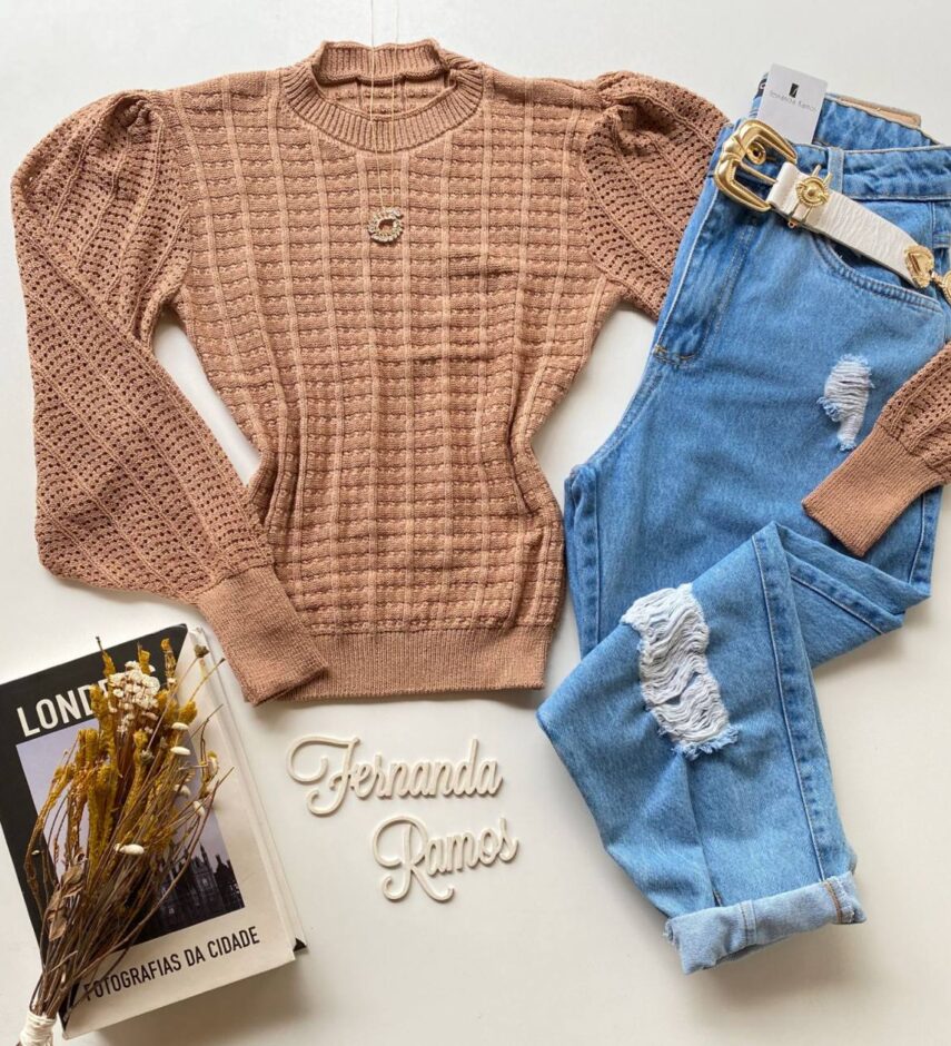 Blusa Manga Longa Feminina Tricot Detalhe Manga Bege - Fernanda Ramos Store