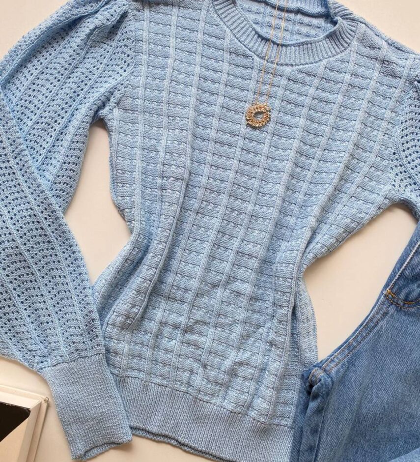 Blusa Manga Longa Feminina Tricot Detalhe Manga Azul - Fernanda Ramos Store
