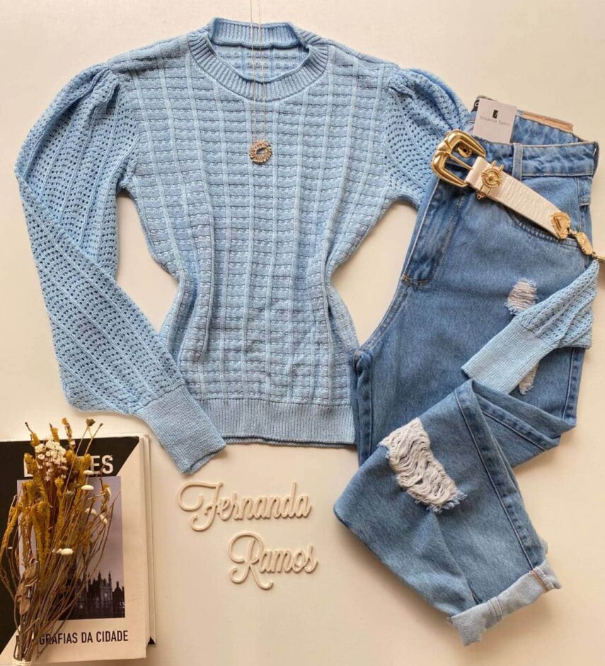 Blusa Manga Longa Feminina Tricot Detalhe Manga Azul - Fernanda Ramos Store