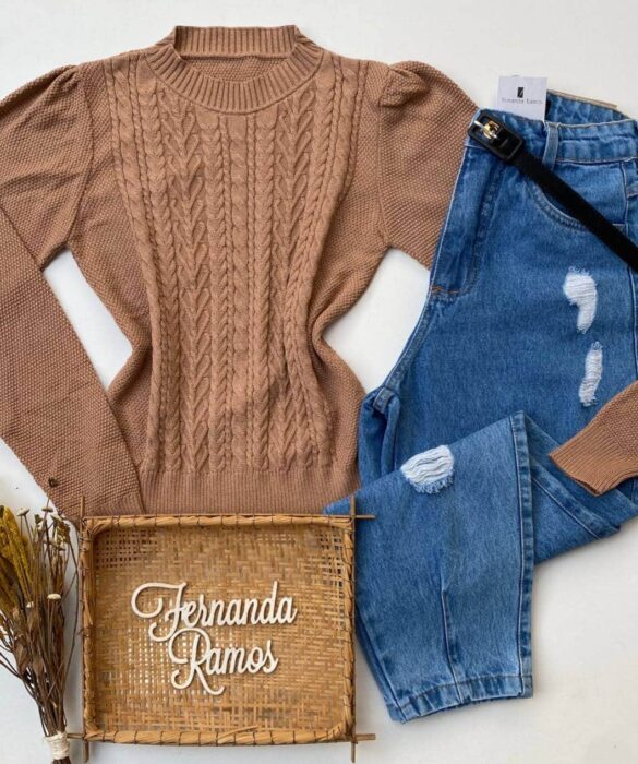 Blusa Manga Longa Feminina Tricot Jade Bege Fernanda Ramos Store