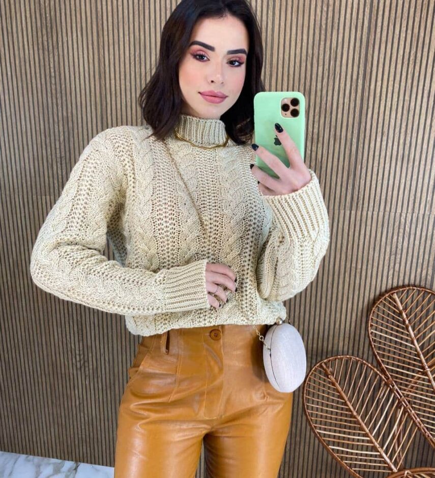 Blusa Manga Longa Feminina Tricot Laura Bege - Fernanda Ramos Store