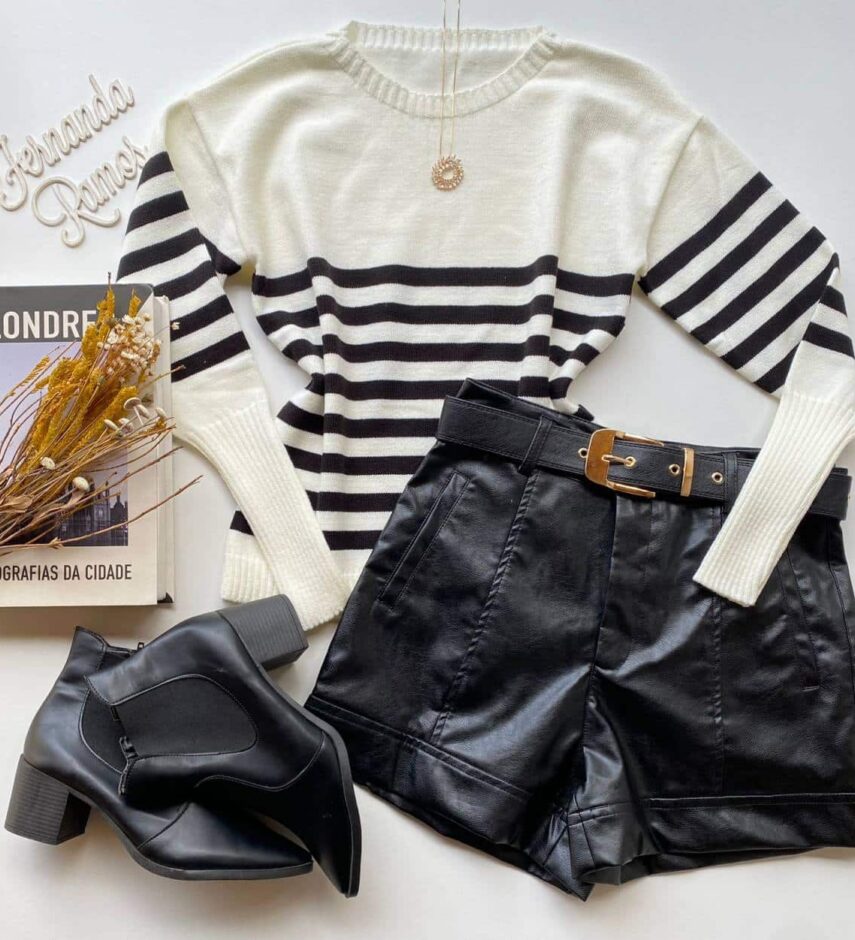 Blusa Manga Longa Feminina Tricot Listrada Branco e Preto Fernanda Ramos Store
