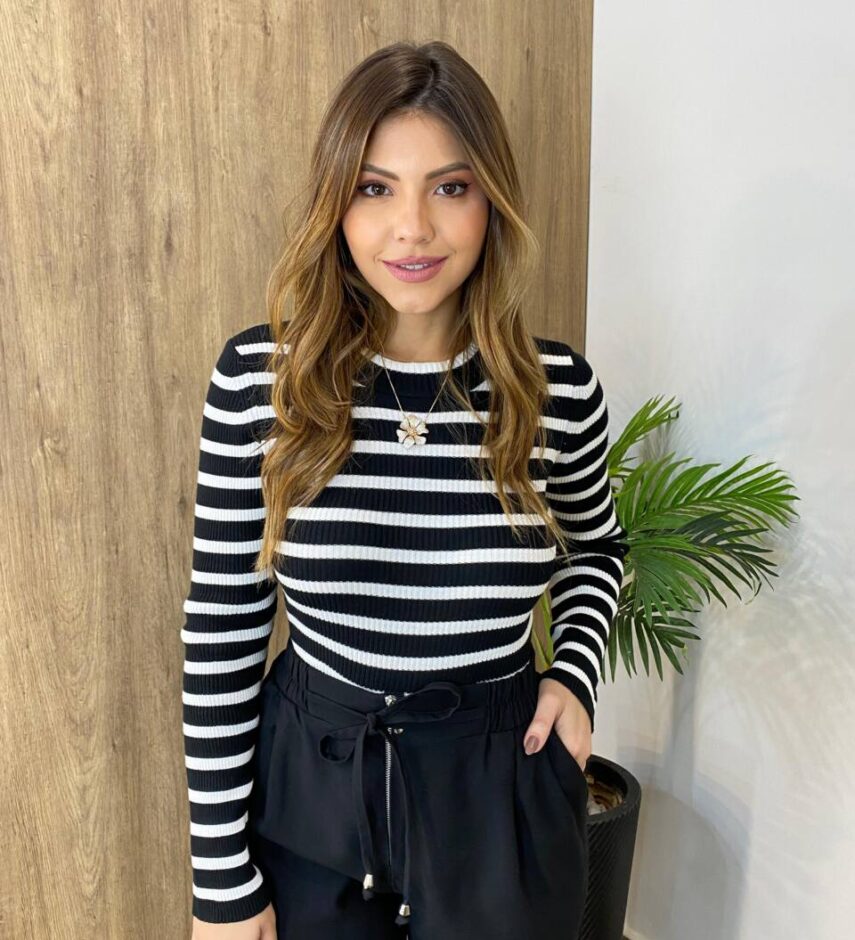 Blusa Manga Longa Feminina Tricot Listrada Preta - Fernanda Ramos Store