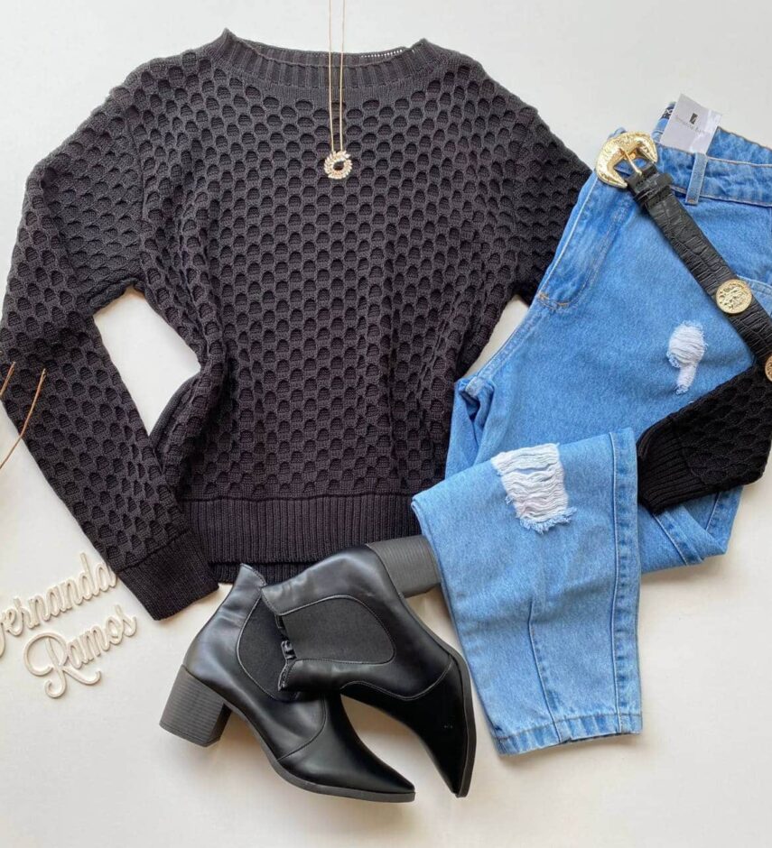 Blusa Manga Longa Feminina Tricot Luna Preta Fernanda Ramos Store