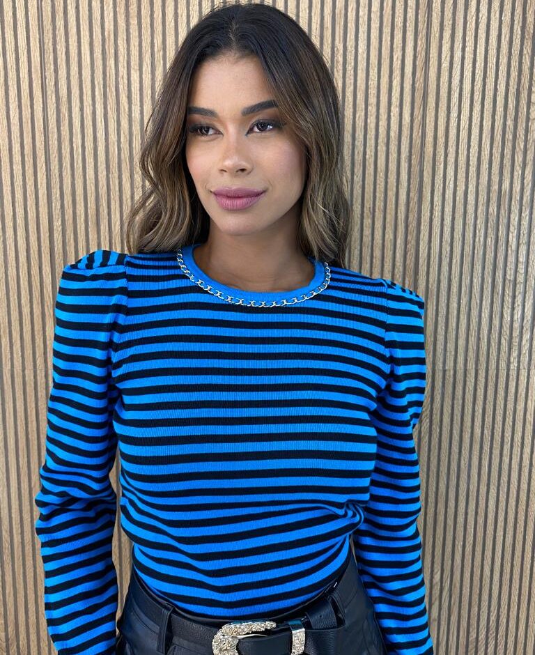 Blusa Manga Longa Modal com Detalhe Listrada Azul Fernanda Ramos Store