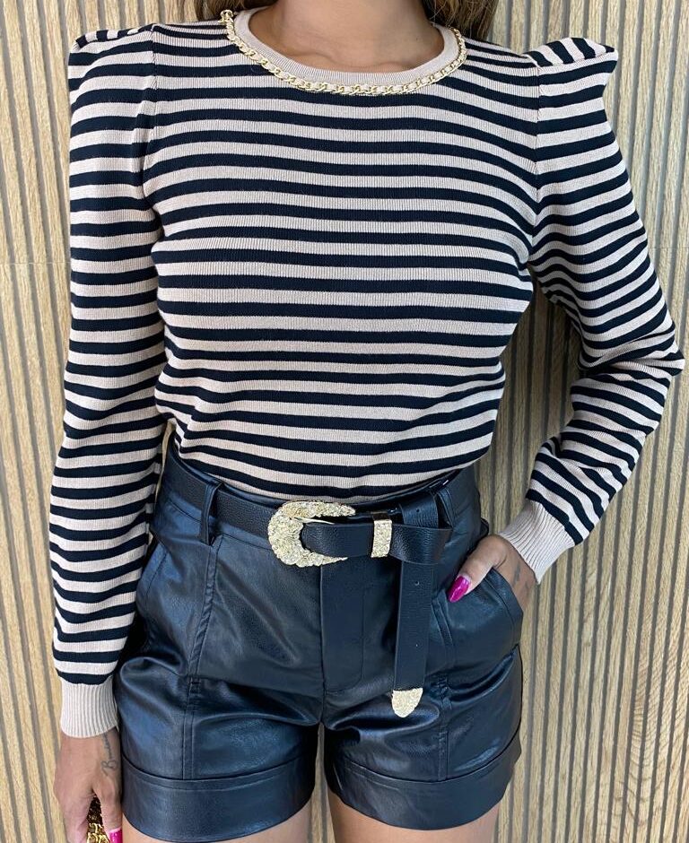 Blusa Manga Longa Modal com Detalhe Listrada Bege - Fernanda Ramos Store