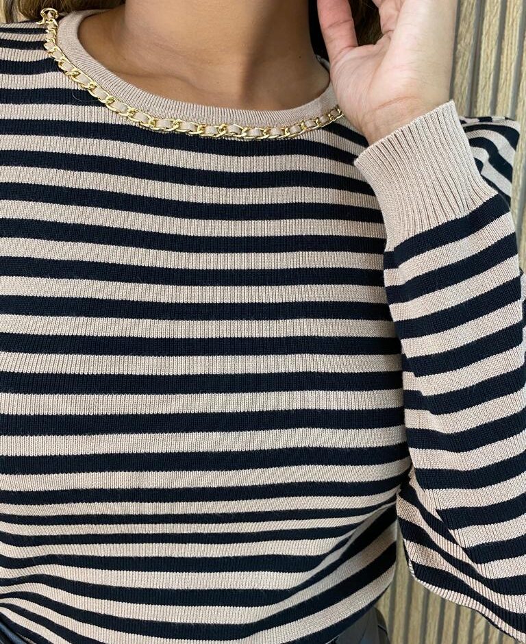 Blusa Manga Longa Modal com Detalhe Listrada Bege - Fernanda Ramos Store