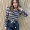 Blusa Manga Longa Modal com Detalhe Listrada Bege Fernanda Ramos Store