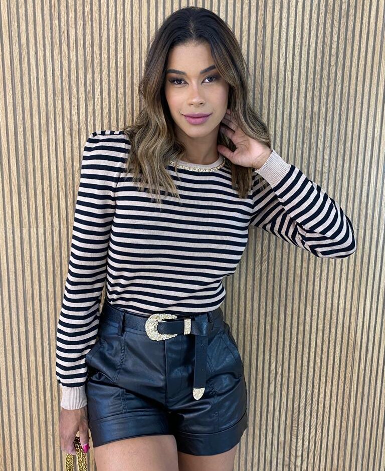 Blusa Manga Longa Modal com Detalhe Listrada Bege - Fernanda Ramos Store