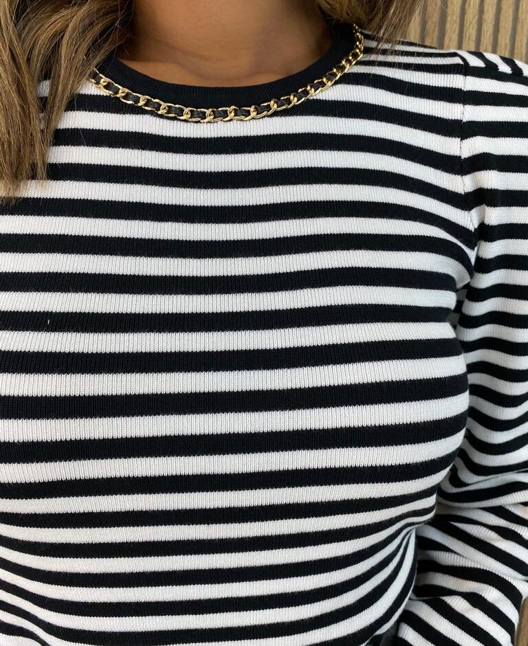 Blusa Manga Longa Modal com Detalhe Listrada Preta - Fernanda Ramos Store
