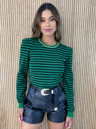 Blusa Manga Longa Modal com Detalhe Listrada Verde Fernanda Ramos Store