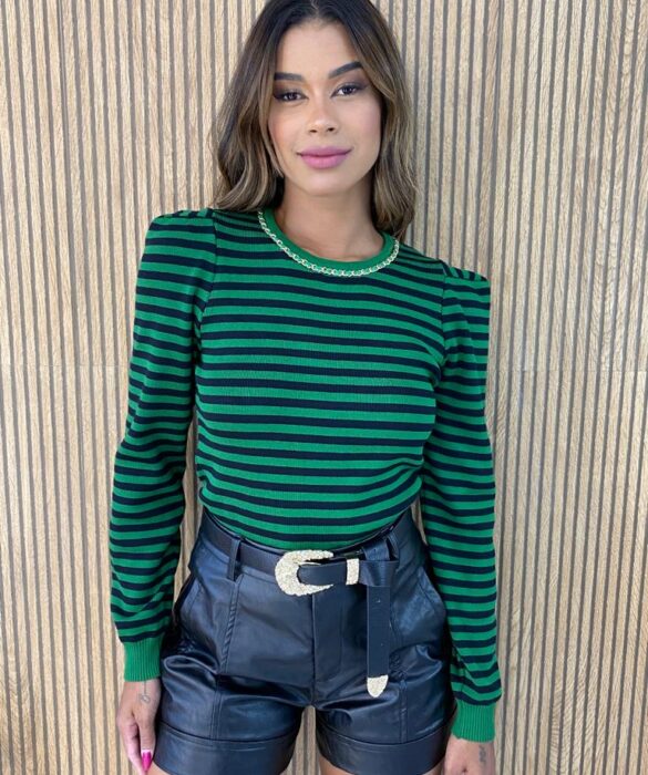 Blusa Manga Longa Modal com Detalhe Listrada Verde Fernanda Ramos Store