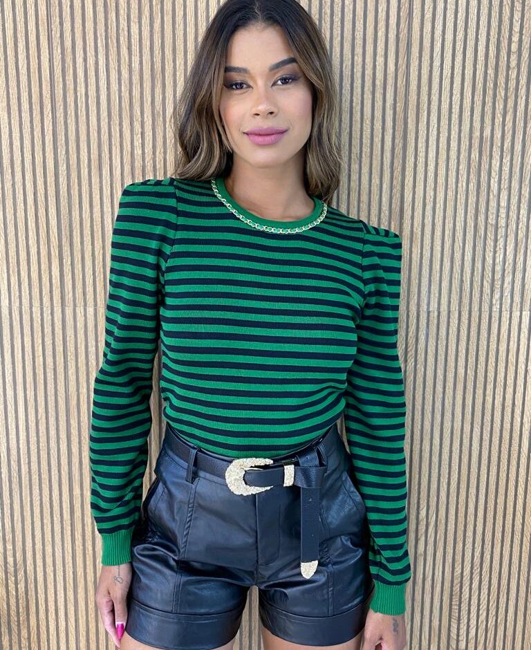 Blusa Manga Longa Modal com Detalhe Listrada Verde - Fernanda Ramos Store