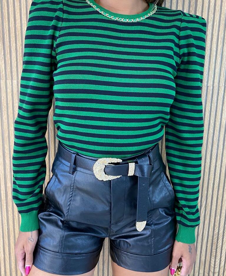 Blusa Manga Longa Modal com Detalhe Listrada Verde - Fernanda Ramos Store