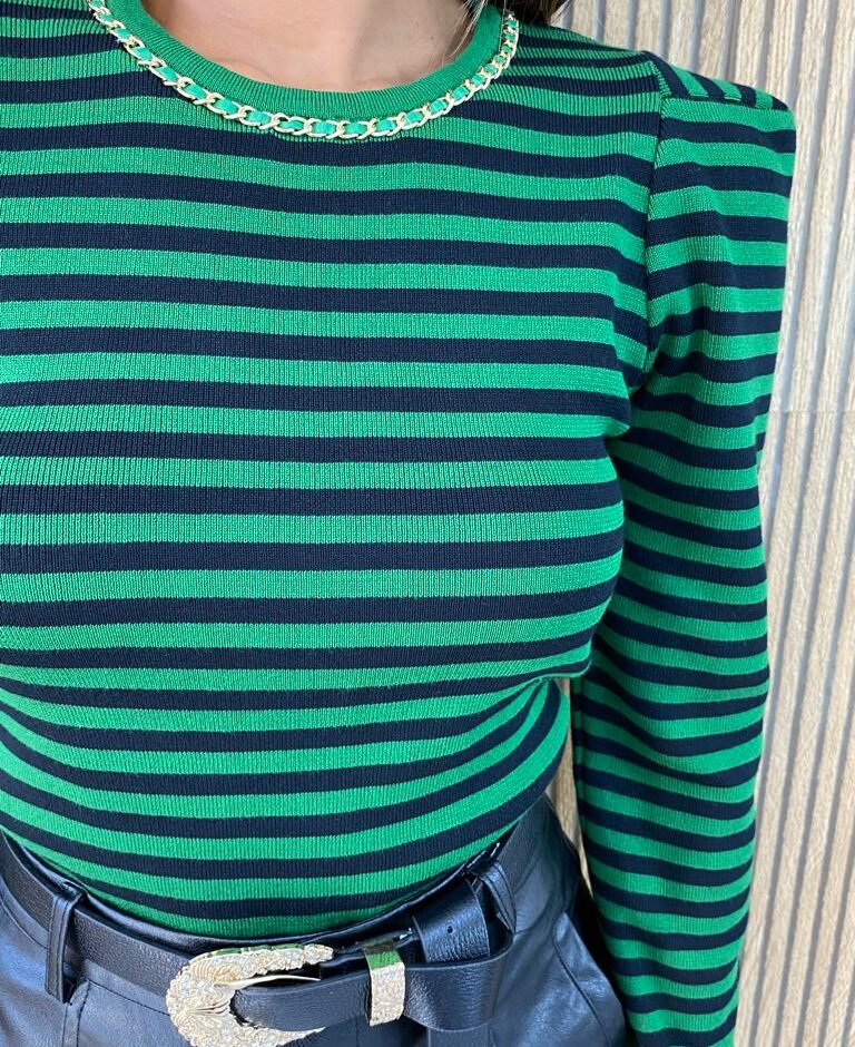 Blusa Manga Longa Modal com Detalhe Listrada Verde - Fernanda Ramos Store
