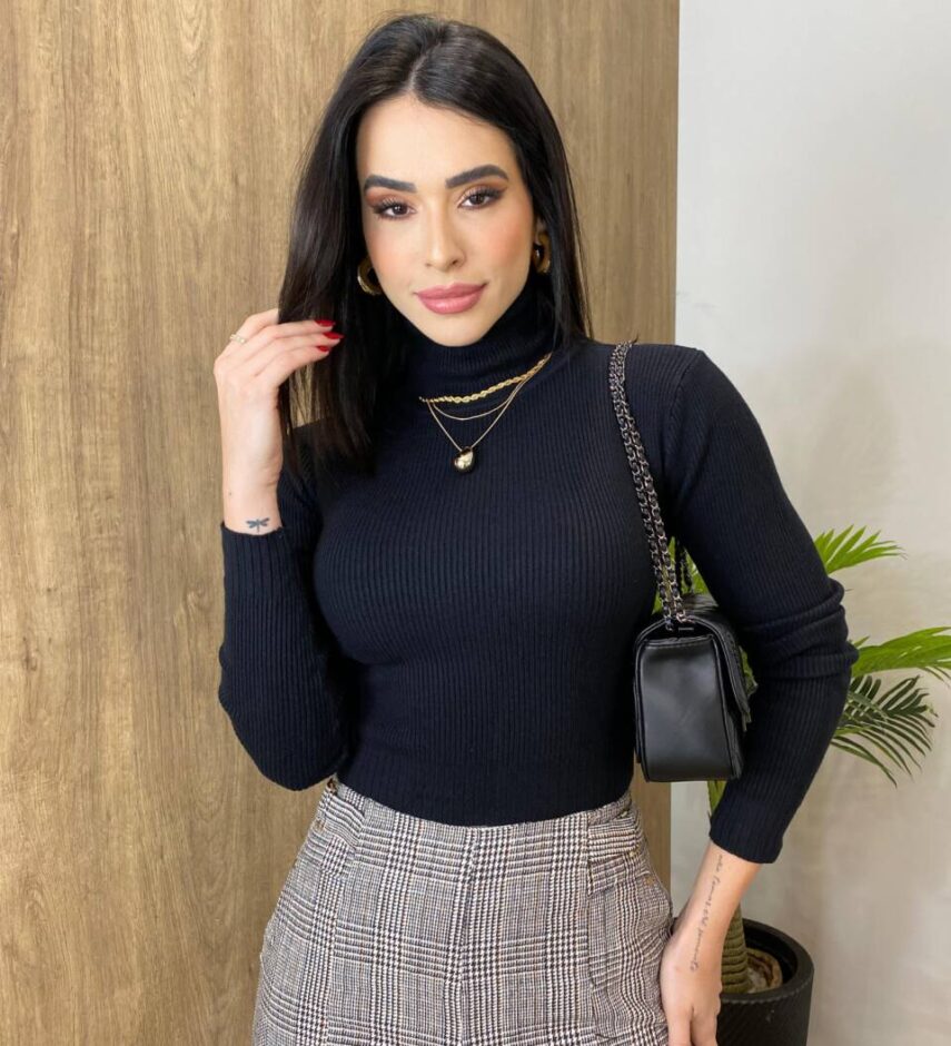 Blusa Manga Longa Modal Gola Alta 2068 Preta - Fernanda Ramos Store