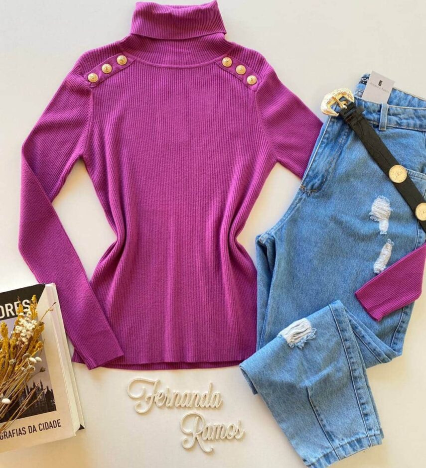 Blusa Manga Longa Modal Gola Alta com Detalhes 2092 Fúcsia Fernanda Ramos Store