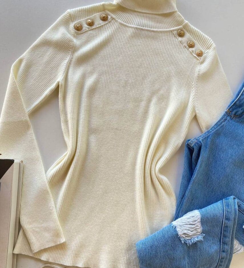 Blusa Manga Longa Modal Gola Alta com Detalhes 2092 Off White - Fernanda Ramos Store