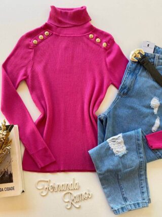 Blusa Manga Longa Modal Gola Alta com Detalhes 2092 Pink Fernanda Ramos Store