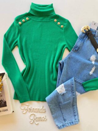 Blusa Manga Longa Modal Gola Alta com Detalhes 2092 Verde Fernanda Ramos Store