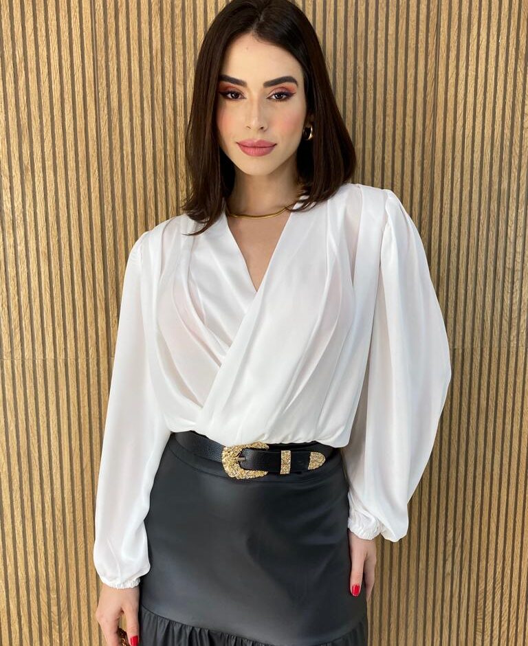 Body Feminino sem Bojo Transpassado Manga Longa Branco - Fernanda Ramos Store