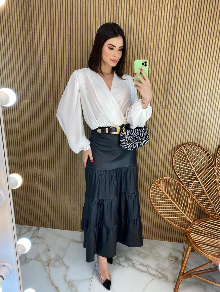 Body Feminino sem Bojo Transpassado Manga Longa Branco - Fernanda Ramos Store