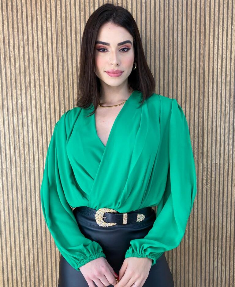 Body Feminino sem Bojo Transpassado Manga Longa Verde - Fernanda Ramos Store