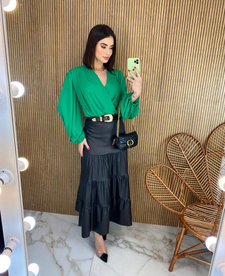 Body Feminino sem Bojo Transpassado Manga Longa Verde - Fernanda Ramos Store