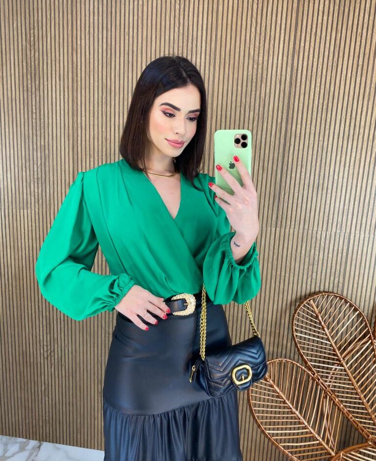 Body Feminino sem Bojo Transpassado Manga Longa Verde - Fernanda Ramos Store