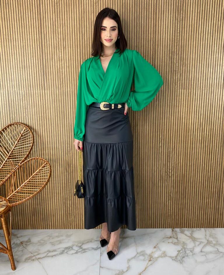 Body Feminino sem Bojo Transpassado Manga Longa Verde - Fernanda Ramos Store