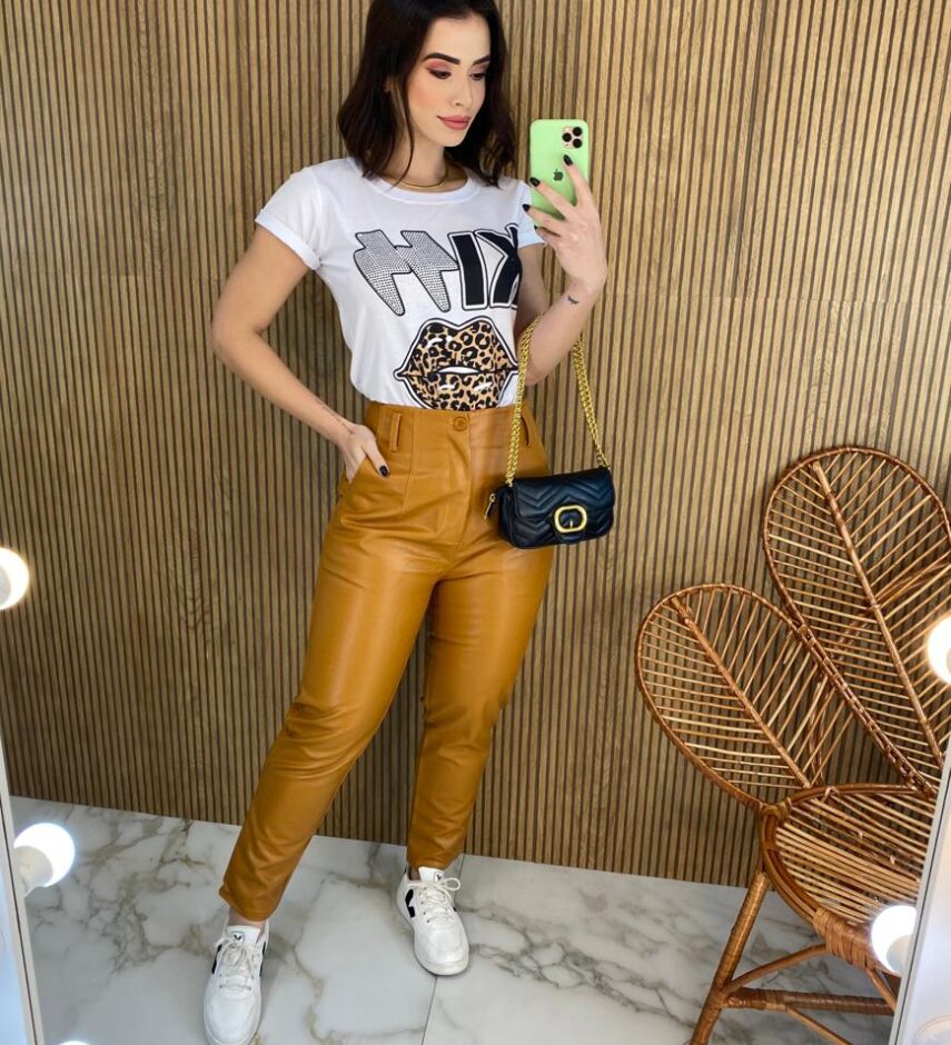 Calça Couro Eco Feminina com Passantes Caramelo - Fernanda Ramos Store