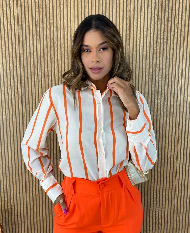 Camisa Feminina Manga Longa Listras Laranja - Fernanda Ramos Store