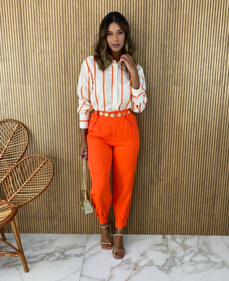 Camisa Feminina Manga Longa Listras Laranja - Fernanda Ramos Store