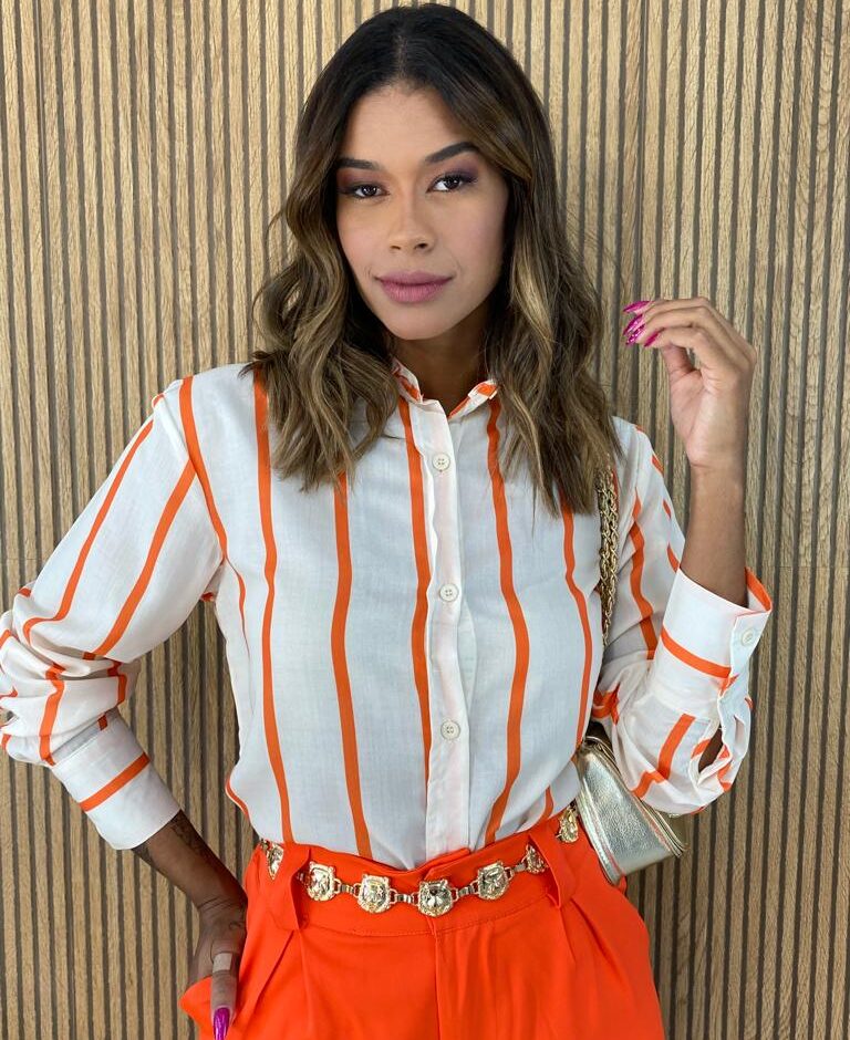 Camisa Feminina Manga Longa Listras Laranja - Fernanda Ramos Store