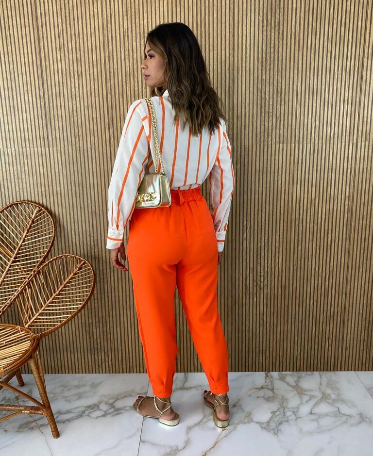 Camisa Feminina Manga Longa Listras Laranja - Fernanda Ramos Store