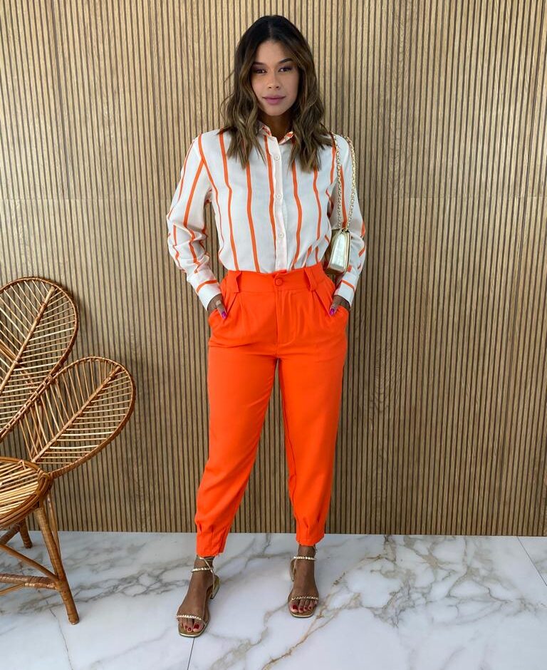 Camisa Feminina Manga Longa Listras Laranja - Fernanda Ramos Store