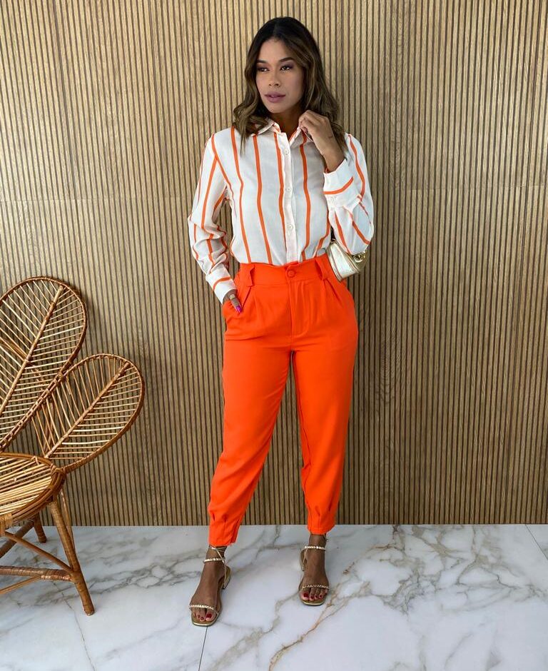 Camisa Feminina Manga Longa Listras Laranja - Fernanda Ramos Store