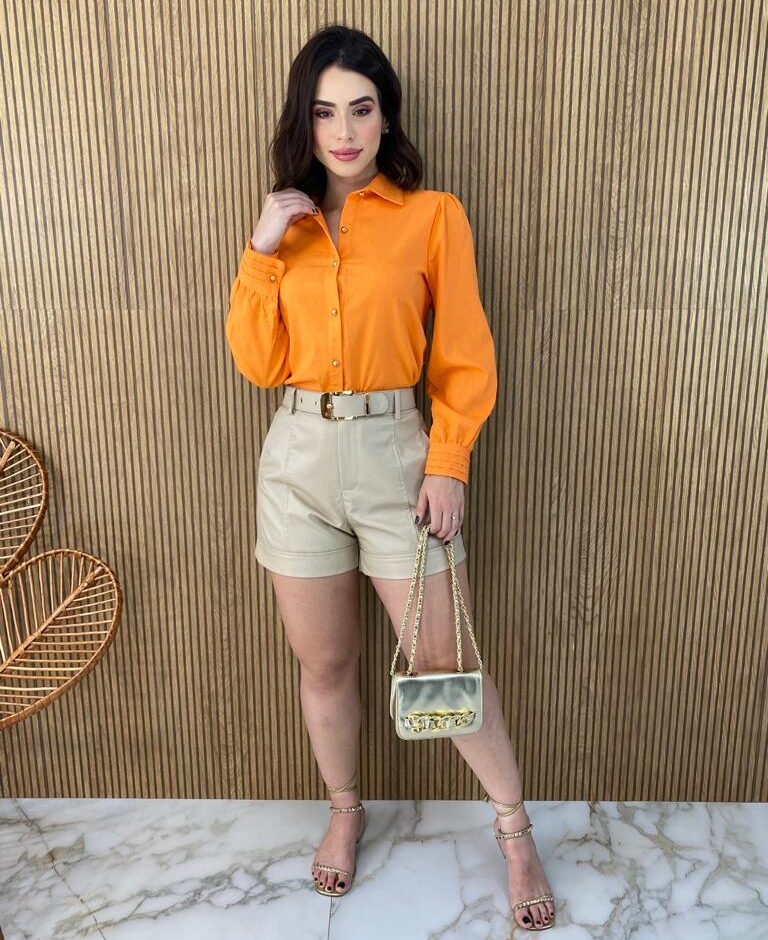 Camisa Feminina Manga Longa Botões Dourados Laranja - Fernanda Ramos Store