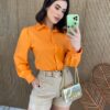 Camisa Feminina Manga Longa Botões Dourados Laranja - Fernanda Ramos Store