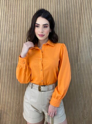 Camisa Feminina Manga Longa Botões Dourados Laranja - Fernanda Ramos Store