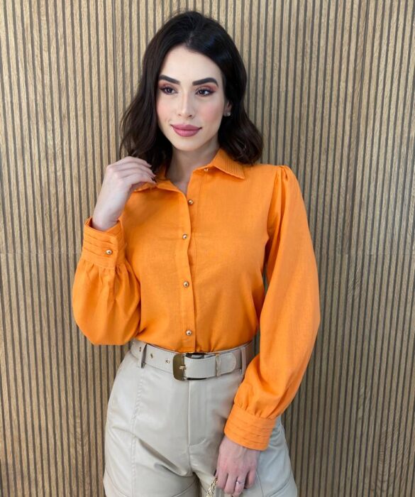 Camisa Feminina Manga Longa Botões Dourados Laranja - Fernanda Ramos Store