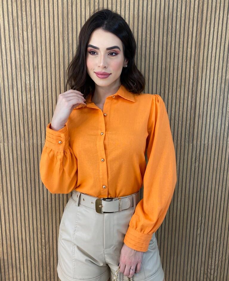 Camisa Feminina Manga Longa Botões Dourados Laranja - Fernanda Ramos Store