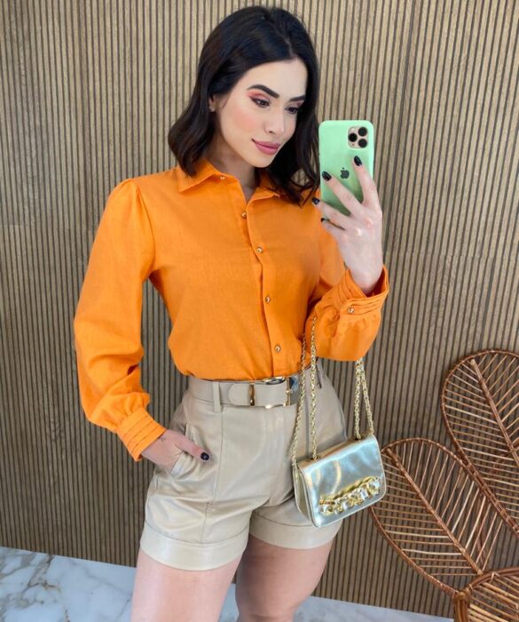 Camisa Feminina Manga Longa Botões Dourados Laranja - Fernanda Ramos Store