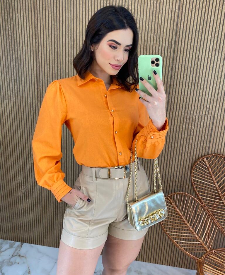 Camisa Feminina Manga Longa Botões Dourados Laranja - Fernanda Ramos Store