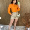 Camisa Feminina Manga Longa Botões Dourados Laranja - Fernanda Ramos Store